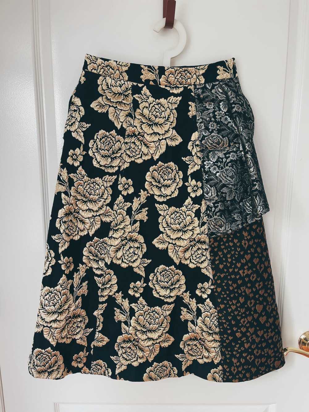 Black Floral Patchwork A-Line Skirt with Cream Accents